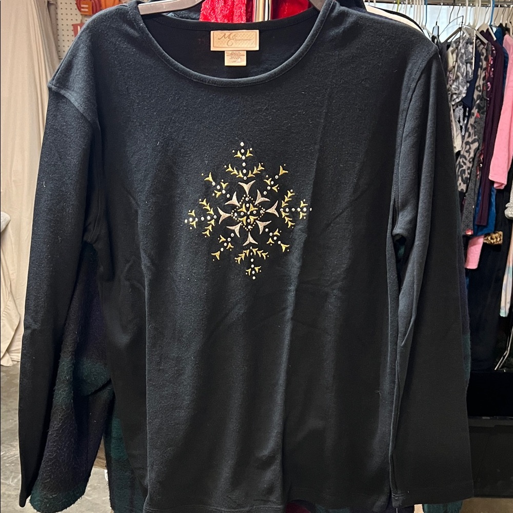 Black Long Sleeve Tee with Gold Design